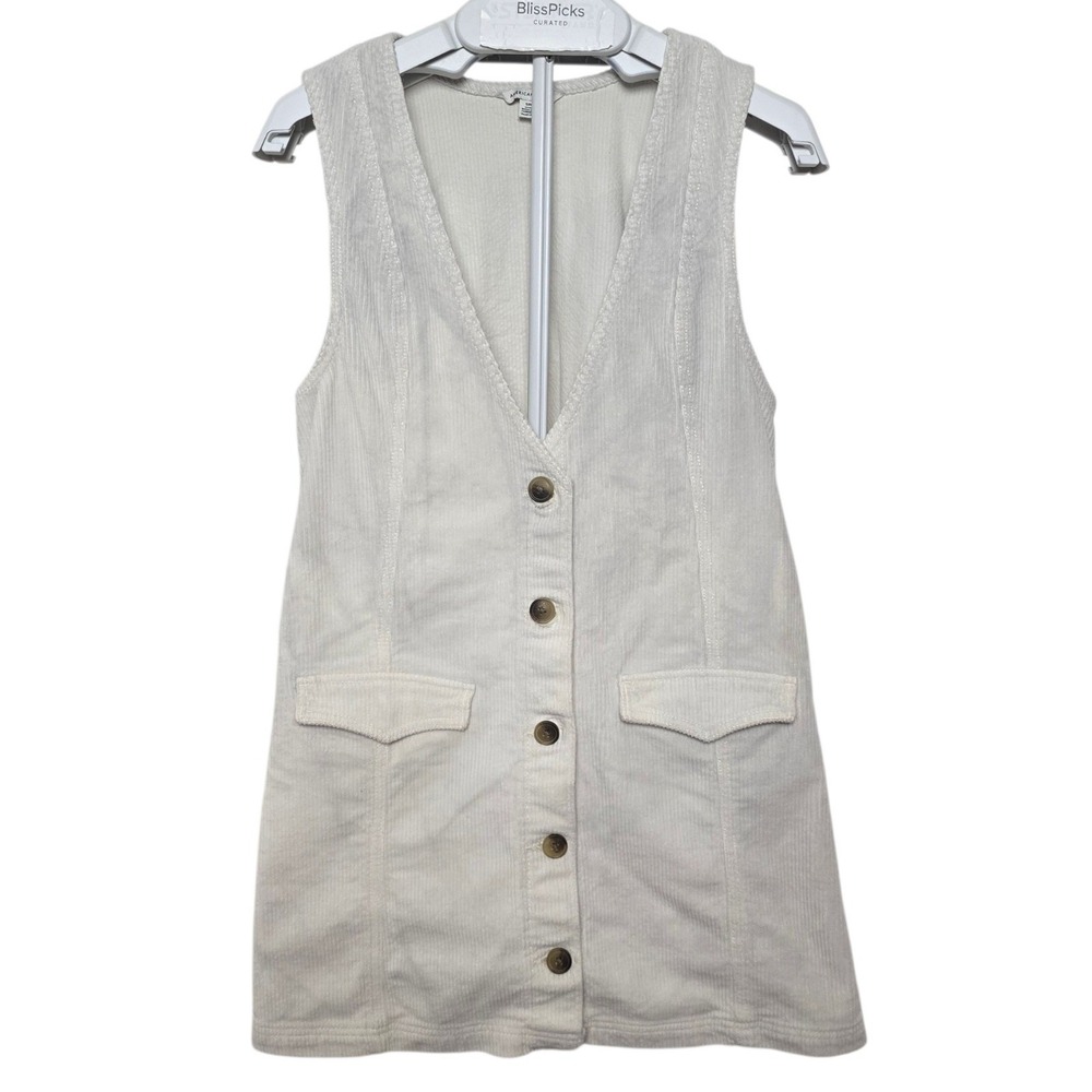 AE Ivory Corduroy V-Neck Mini Dress S Button Front Cottagecore Grannycore Pocket